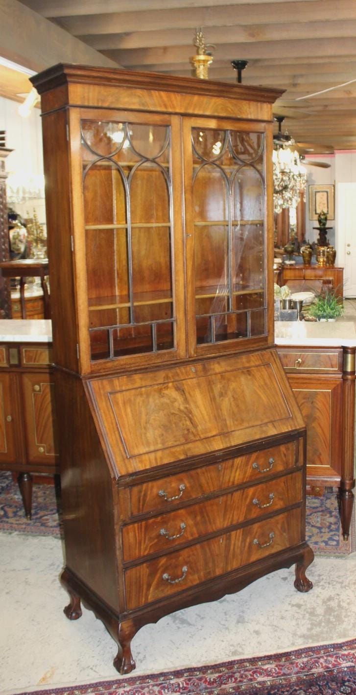 English Antique Chippendale Ball & Claw Mahogany Secretary Desk w/ Glass Doors