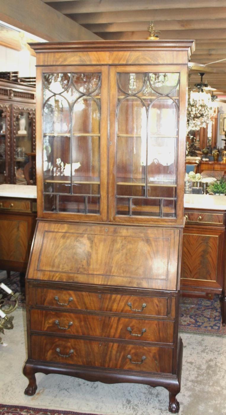 English Antique Chippendale Ball & Claw Mahogany Secretary Desk w/ Glass Doors