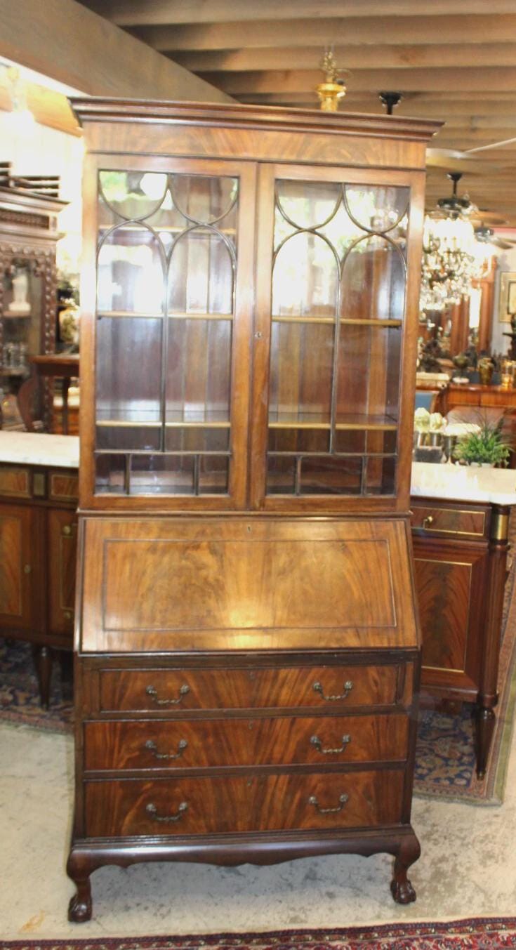 English Antique Chippendale Ball & Claw Mahogany Secretary Desk w/ Glass Doors