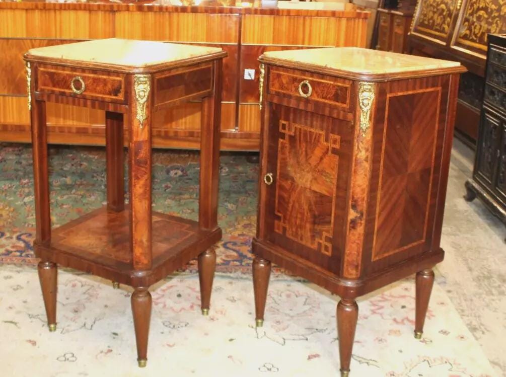 Pair French Antique Louis XVI Nightstands | Marble Top Burled Walnut Inlaid