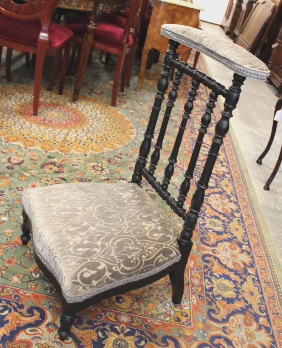 French Antique Black Painted Prayer Chair | Upholstered Religious Kneeler Seat