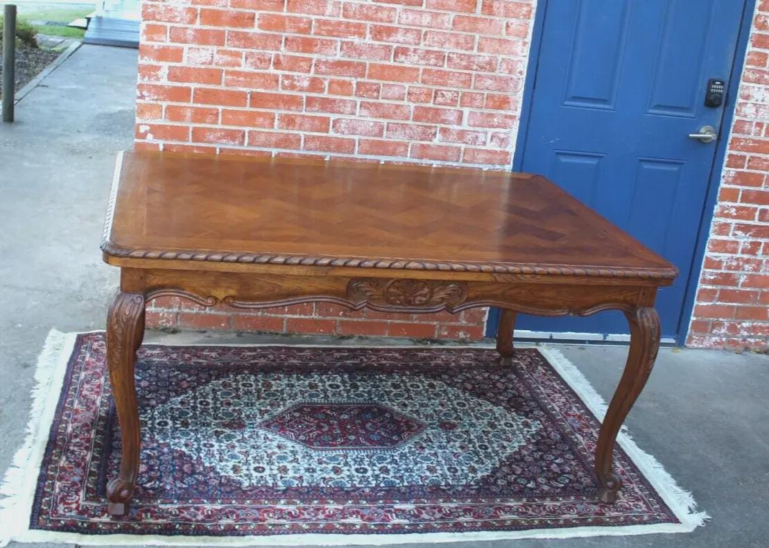 French Antique Louis XV Oak Dining Table | Draw Leaf Expandable Parquet Top
