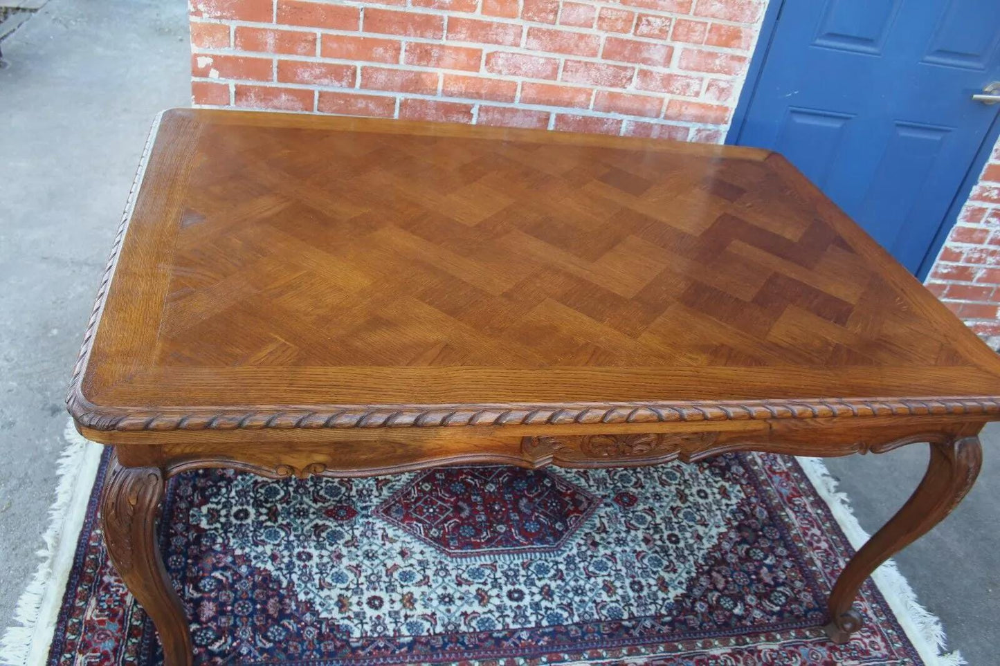 French Antique Louis XV Oak Dining Table | Draw Leaf Expandable Parquet Top