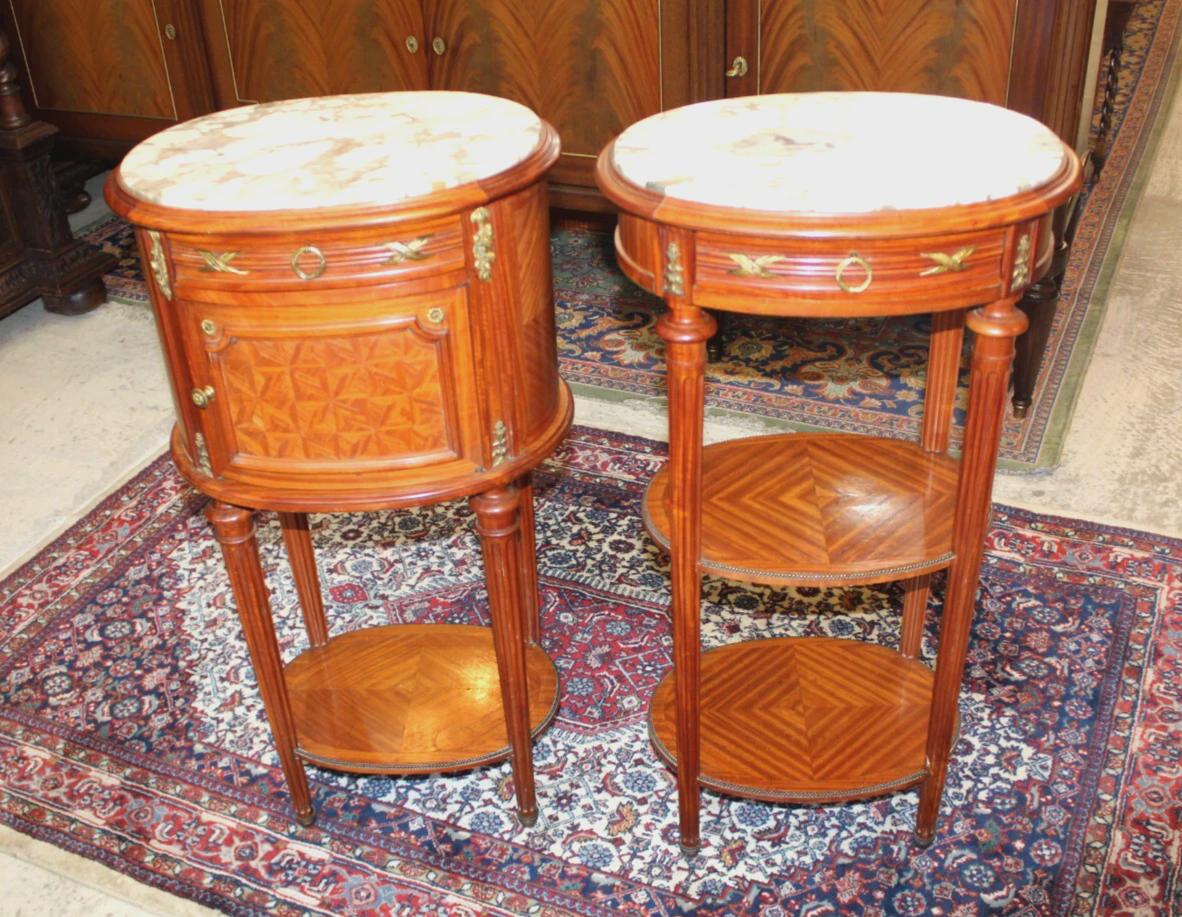 Pair French Antique Louis XVI Nightstands | Marble Top Inlaid Rosewood Tables