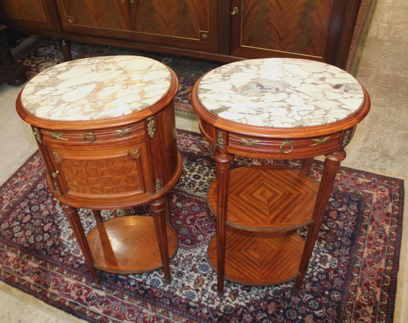 Pair French Antique Louis XVI Nightstands | Marble Top Inlaid Rosewood Tables