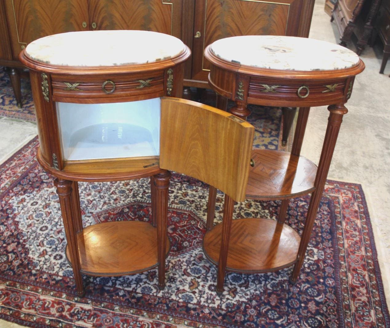 Pair French Antique Louis XVI Nightstands | Marble Top Inlaid Rosewood Tables