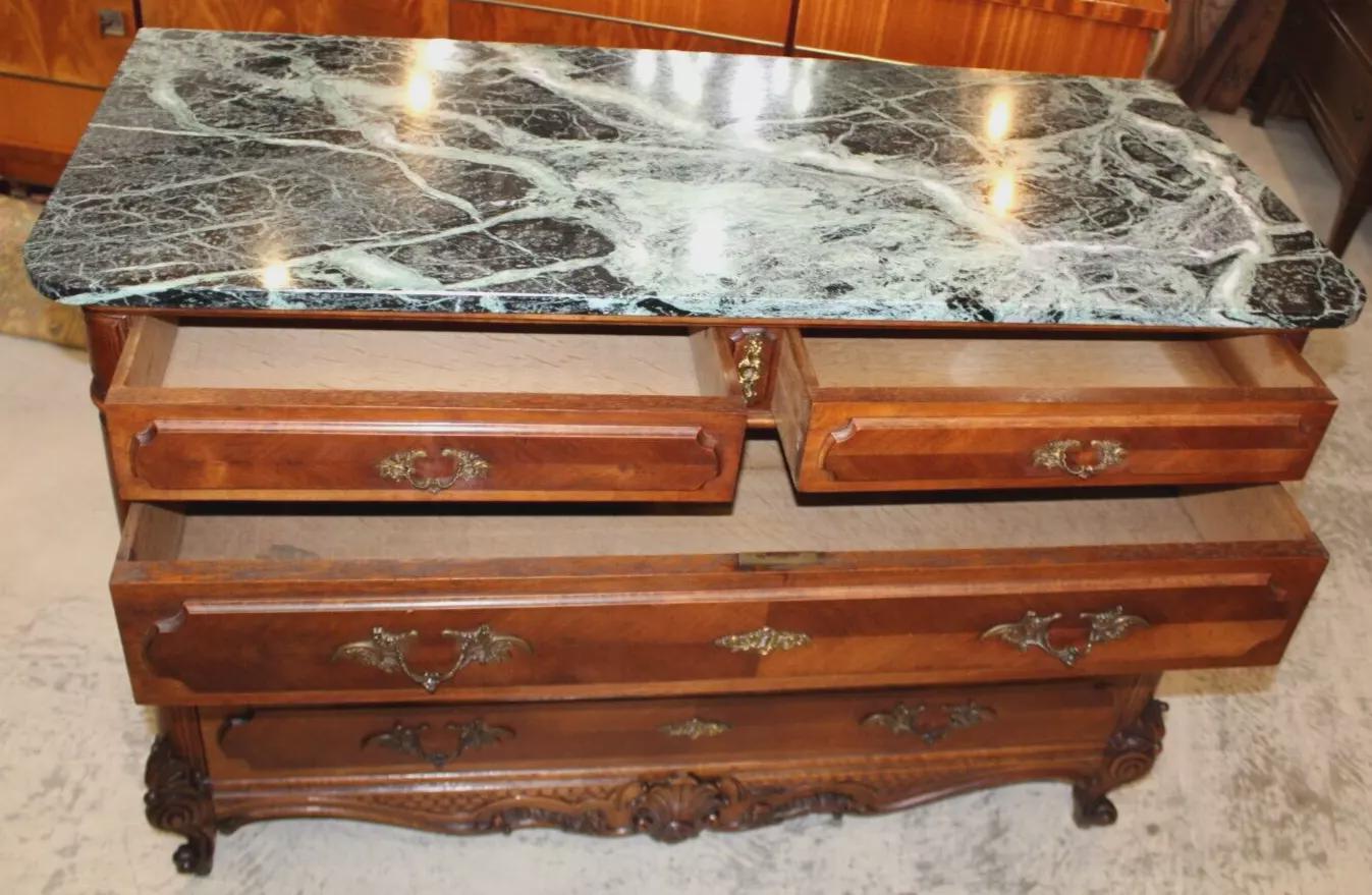 French Antique Louis XV Walnut Chest | Marble Top Chest of Drawers c. 19th C.
