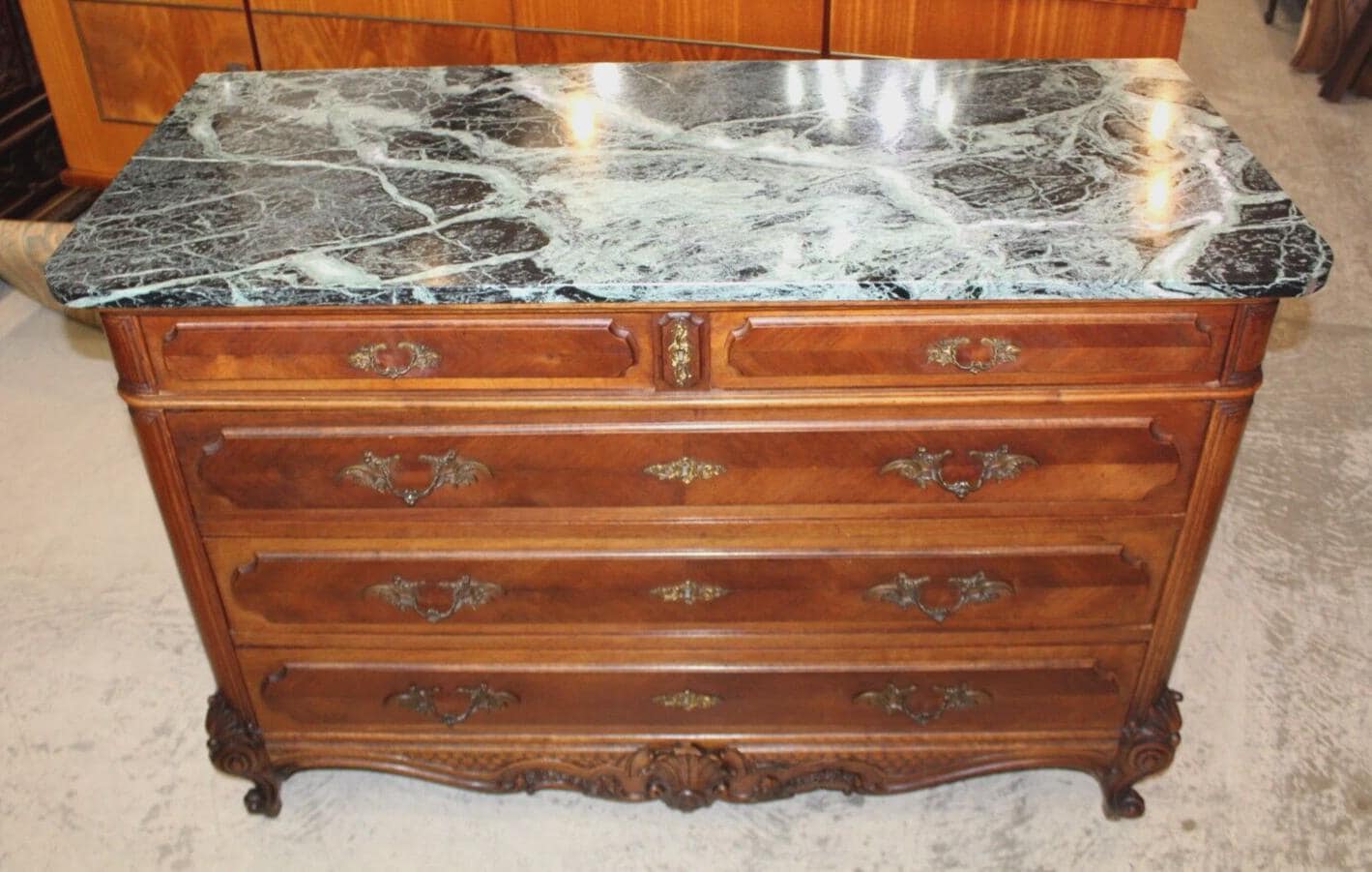 French Antique Louis XV Walnut Chest | Marble Top Chest of Drawers c. 19th C.