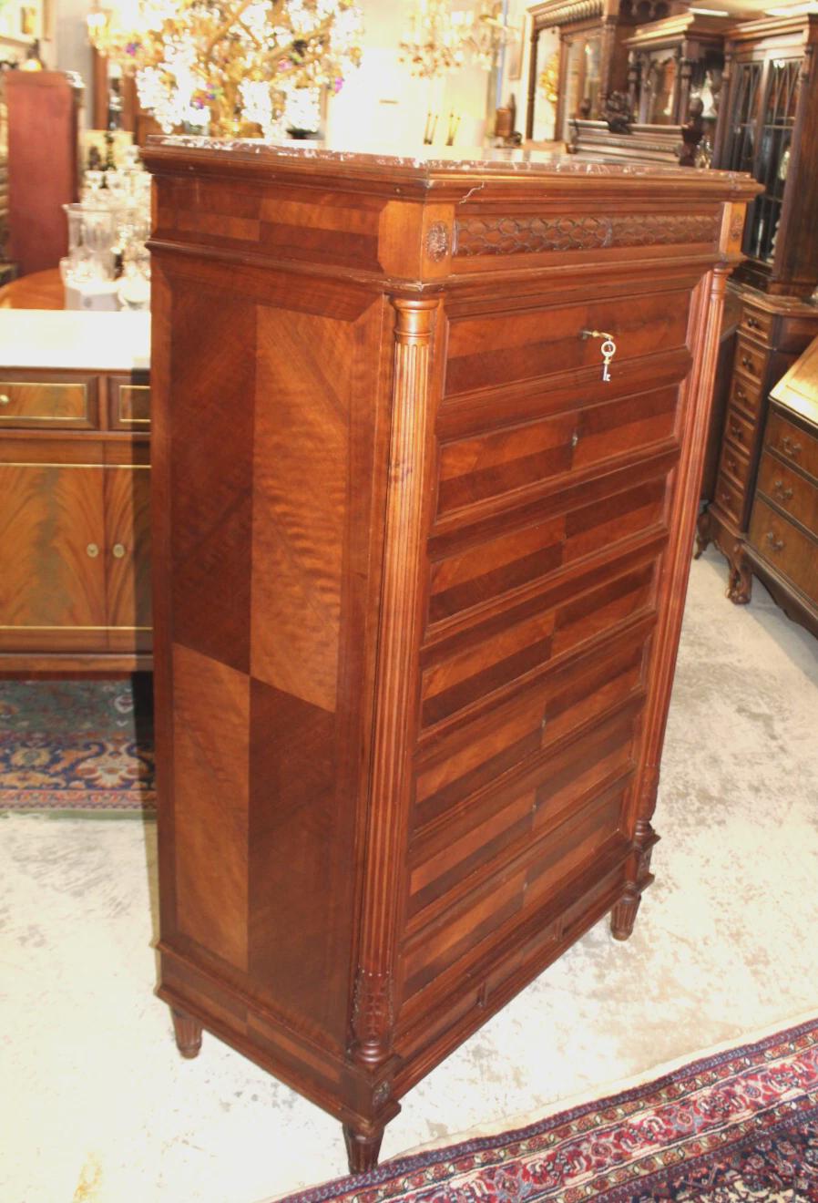 French Antique Louis XVI Walnut Secretary Desk | Marble Top Writing Cabinet