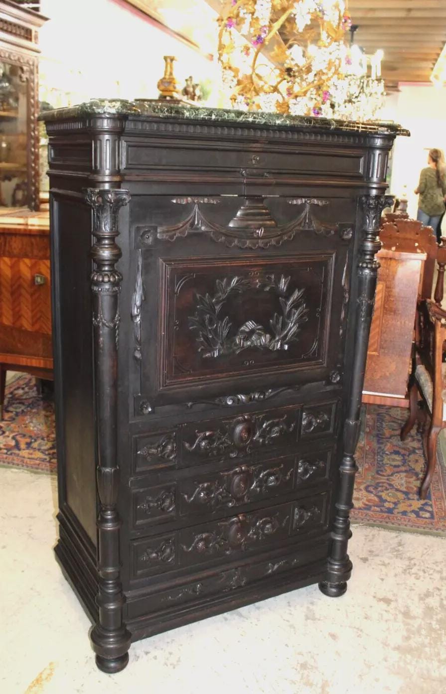 French Antique Napoleon III Secretary Desk | Drop Front Cabinet w/ Hidden Safe