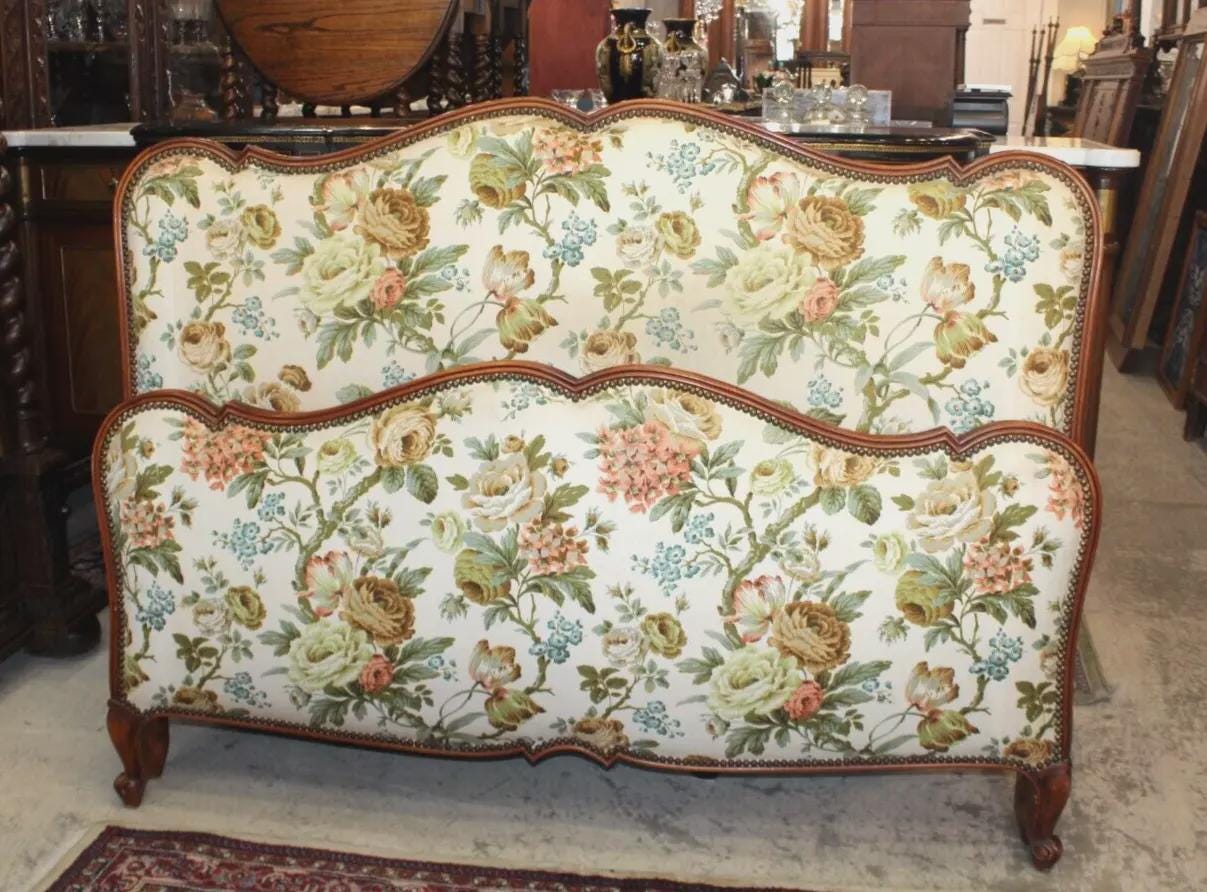 French Antique Louis XV Upholstered Full Bed | Floral Rails & Slats Included