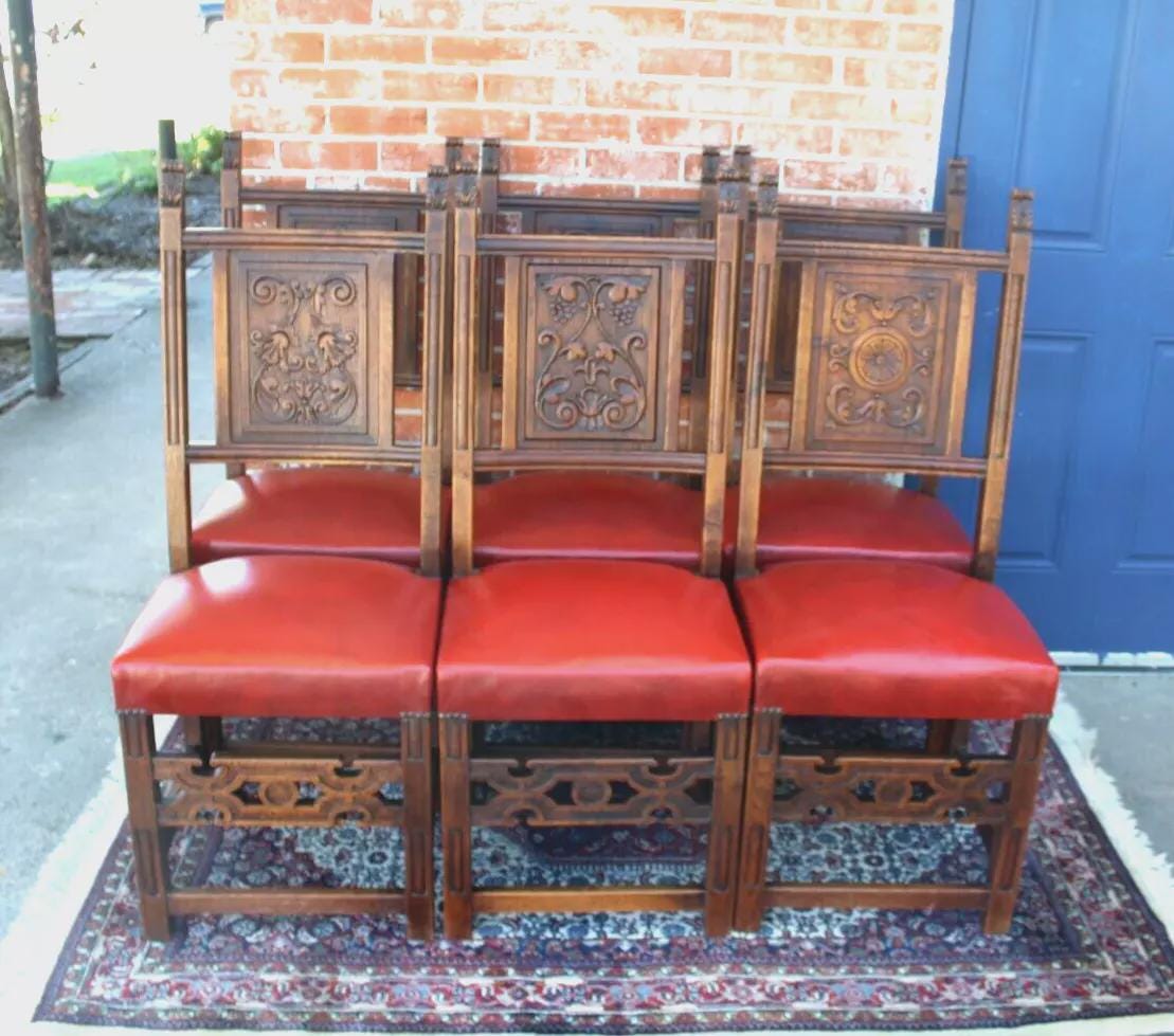 Set 6 French Antique Oak Renaissance Dining Chairs | Red Vinyl Upholstered Seats
