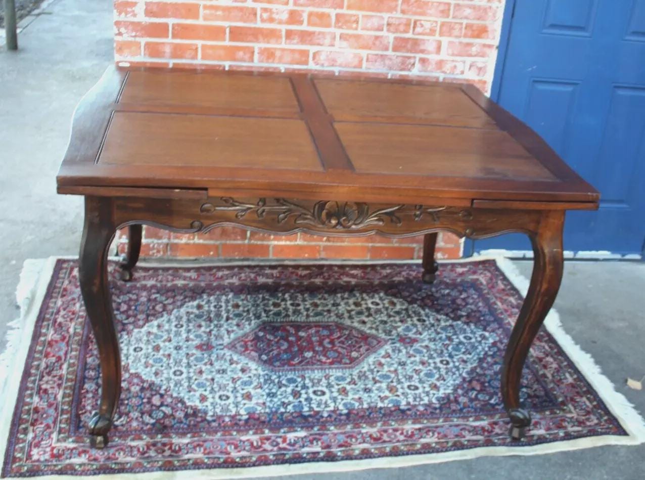 French Antique Dark Oak Louis XV Draw Leaf Dining Table | Carved Cabriole Legs