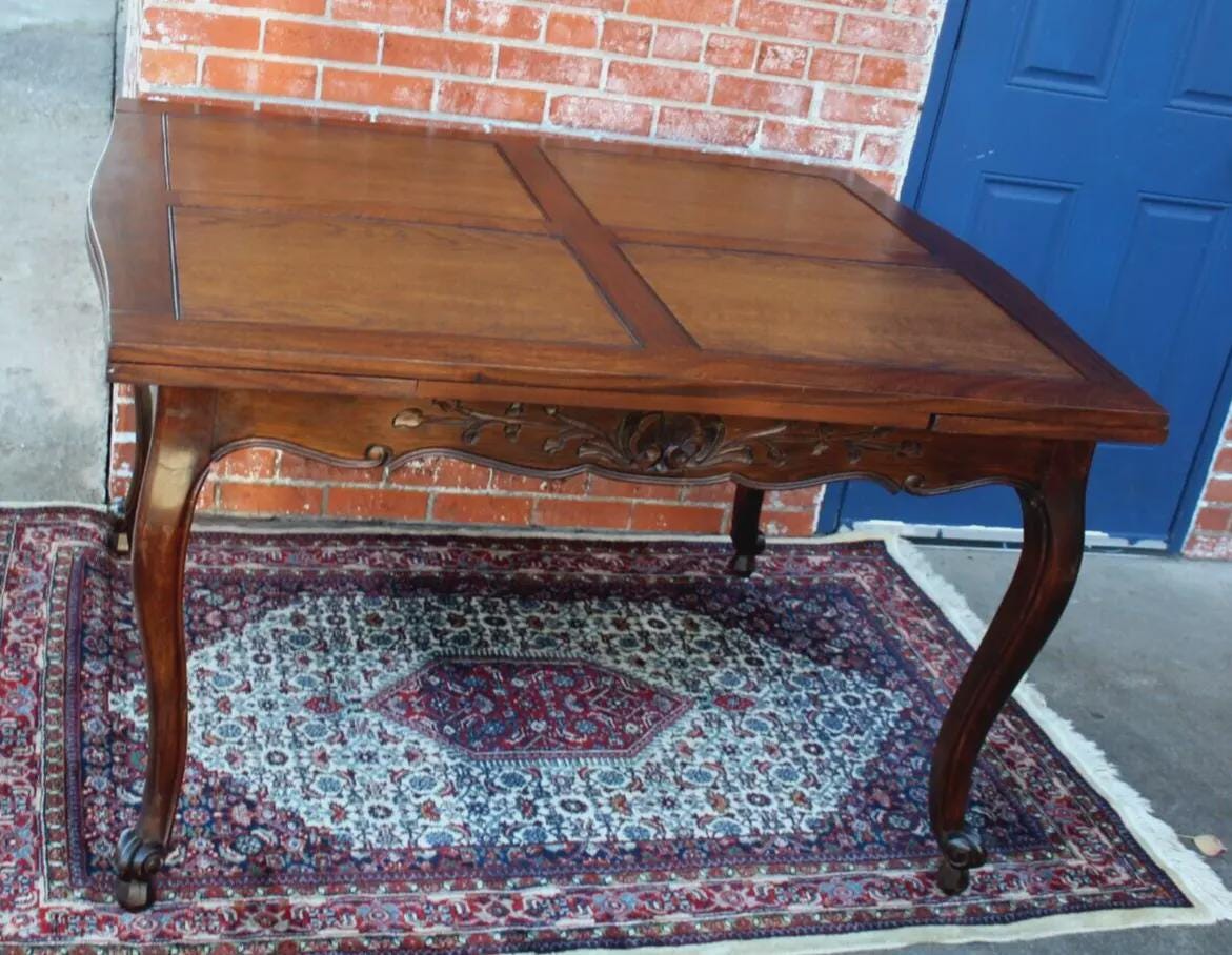 French Antique Dark Oak Louis XV Draw Leaf Dining Table | Carved Cabriole Legs