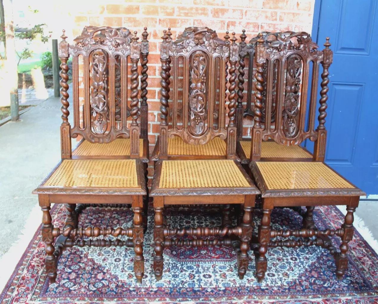 Set of 6 French Antique Louis XIII Oak Dining Chairs | Cane Seats | Carved Backs