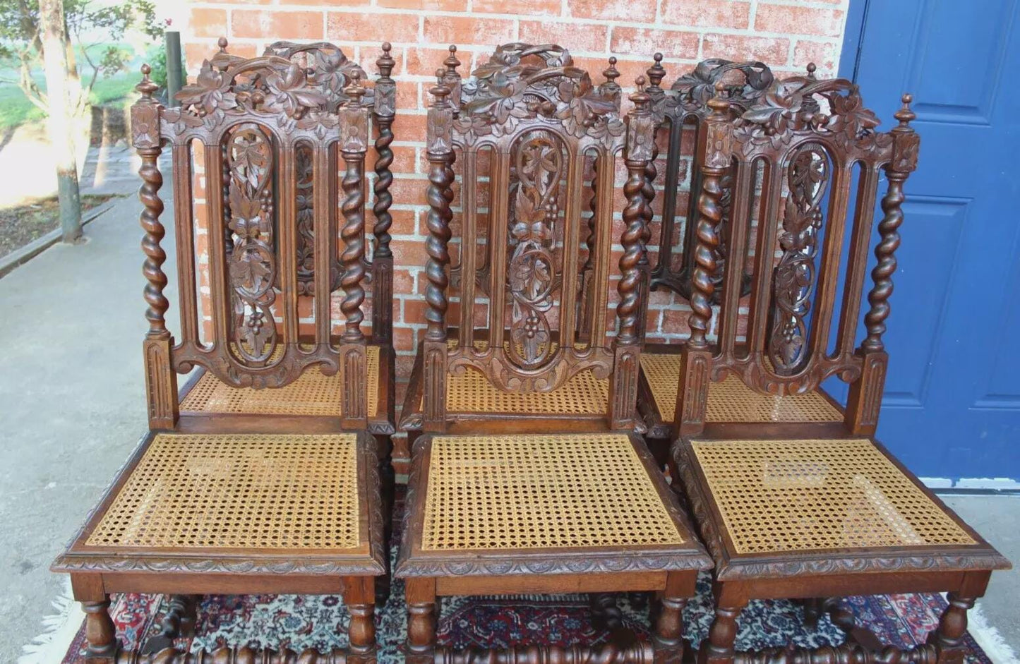 Set of 6 French Antique Louis XIII Oak Dining Chairs | Cane Seats | Carved Backs