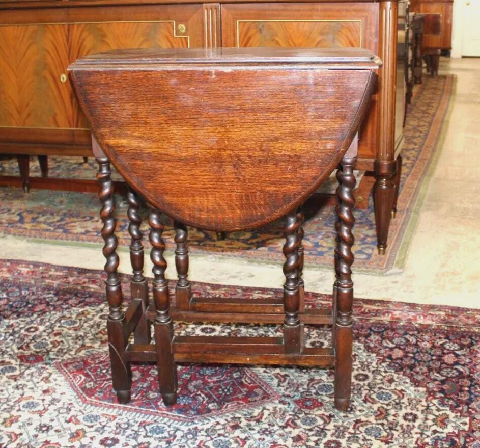 English Antique Jacobean Drop Leaf Table | Oak Barley Twist Small Side Table