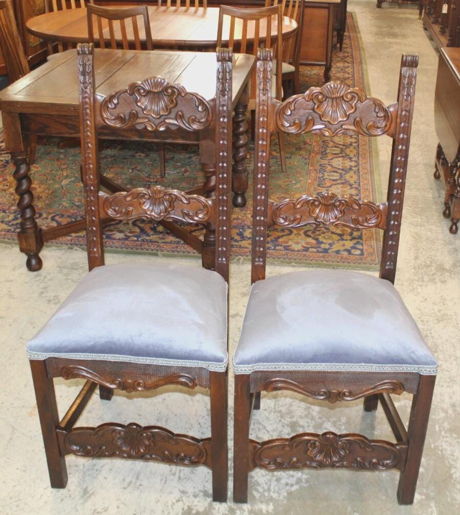 Set of 2 French Renaissance Antique Dining Chairs | Carved Walnut & Upholstered