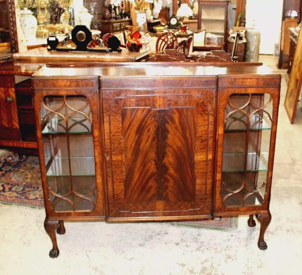 English Antique Flamed Mahogany Display Cabinet | Ball & Claw Feet | Glass Doors