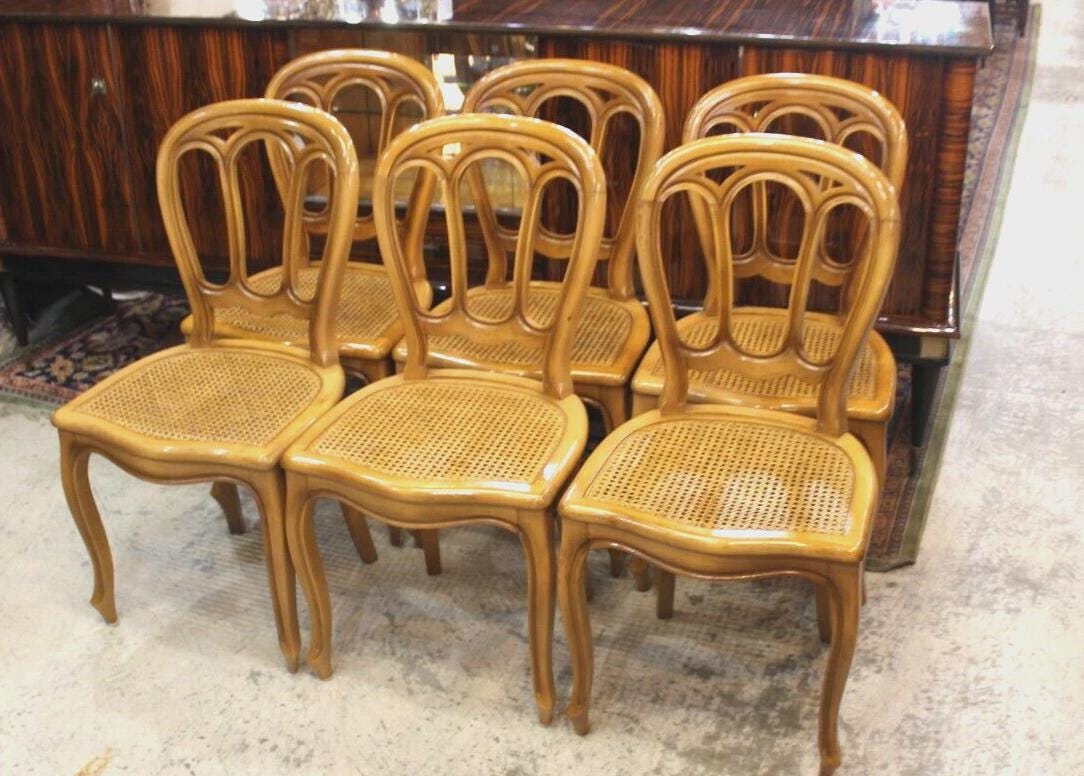 Set of 6 French Antique Louis XV Fruitwood Dining Chairs | Cane Seats | Curved Cabriole Legs
