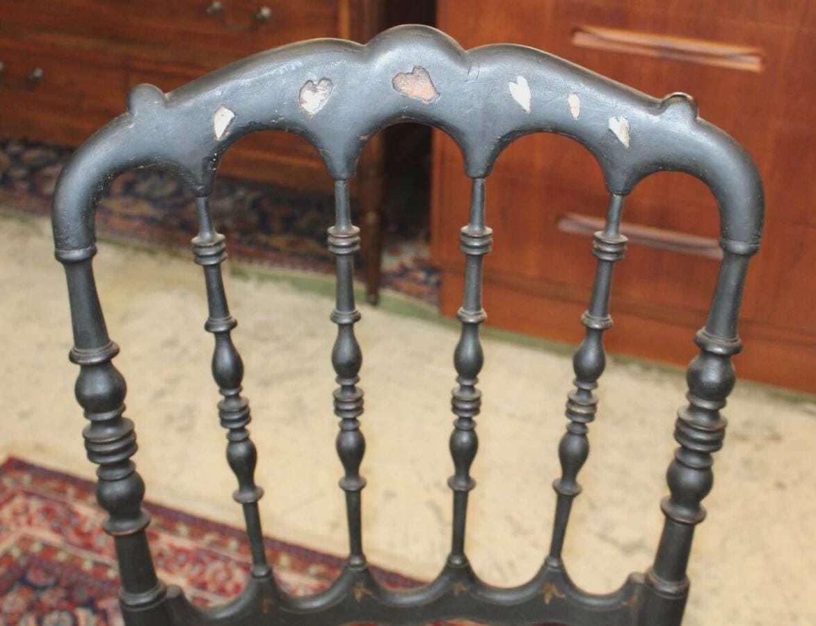 English Antique Painted Black Chiavari Chair | Needlework Upholstered Seat | Victorian Accent