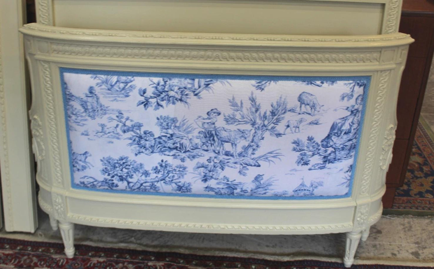 French Louis XVI Painted White Twin Bed New Upholstery Antique Upholstered Headboard
