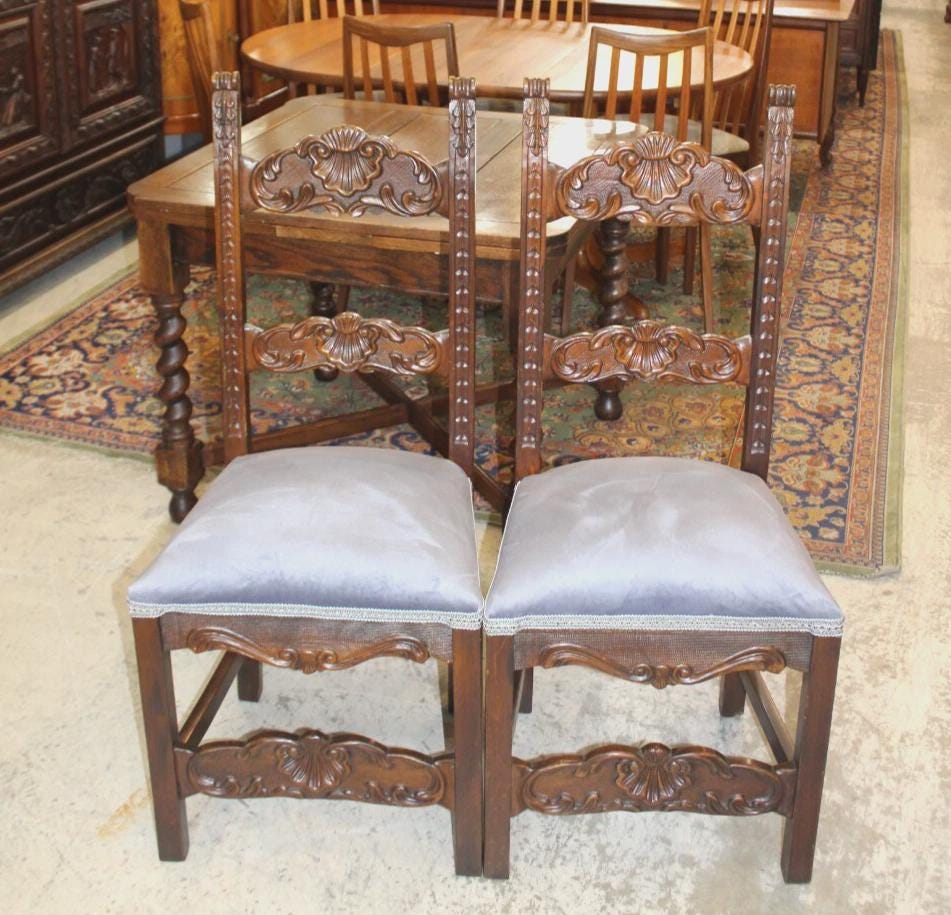 Set of 2 French Renaissance Antique Dining Chairs | Carved Walnut & Upholstered