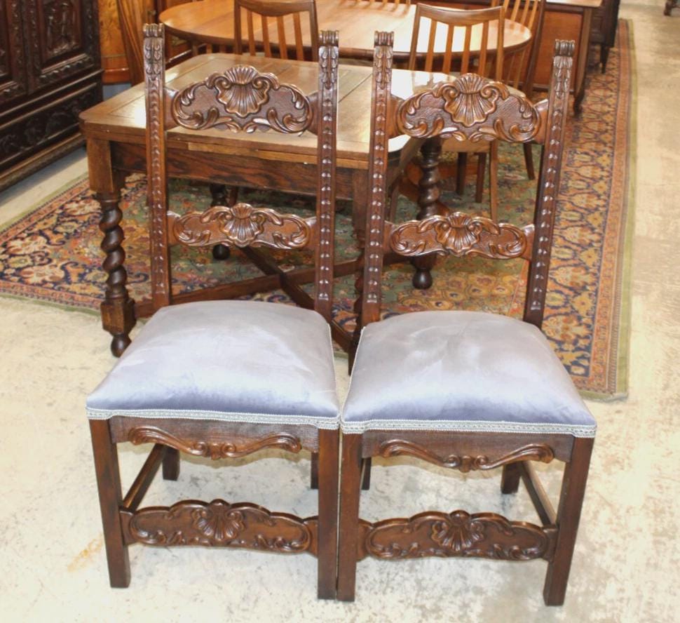 Set of 2 French Renaissance Antique Dining Chairs | Carved Walnut & Upholstered