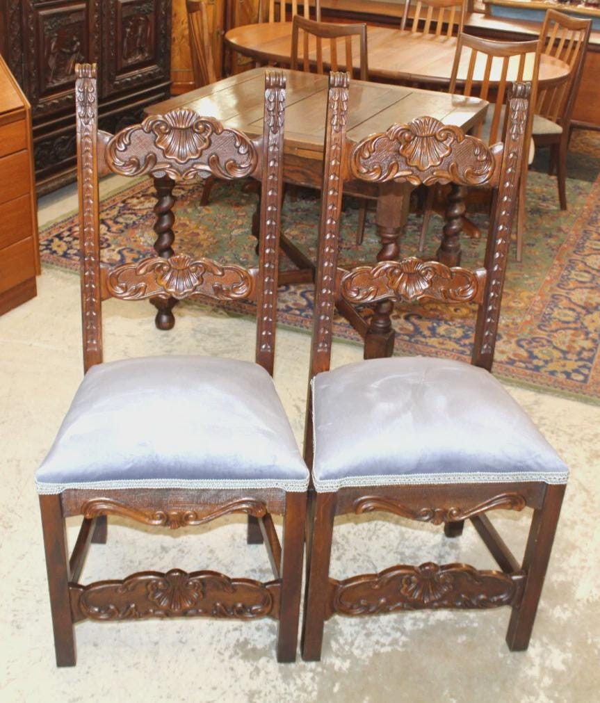 Set of 2 French Renaissance Antique Dining Chairs | Carved Walnut & Upholstered