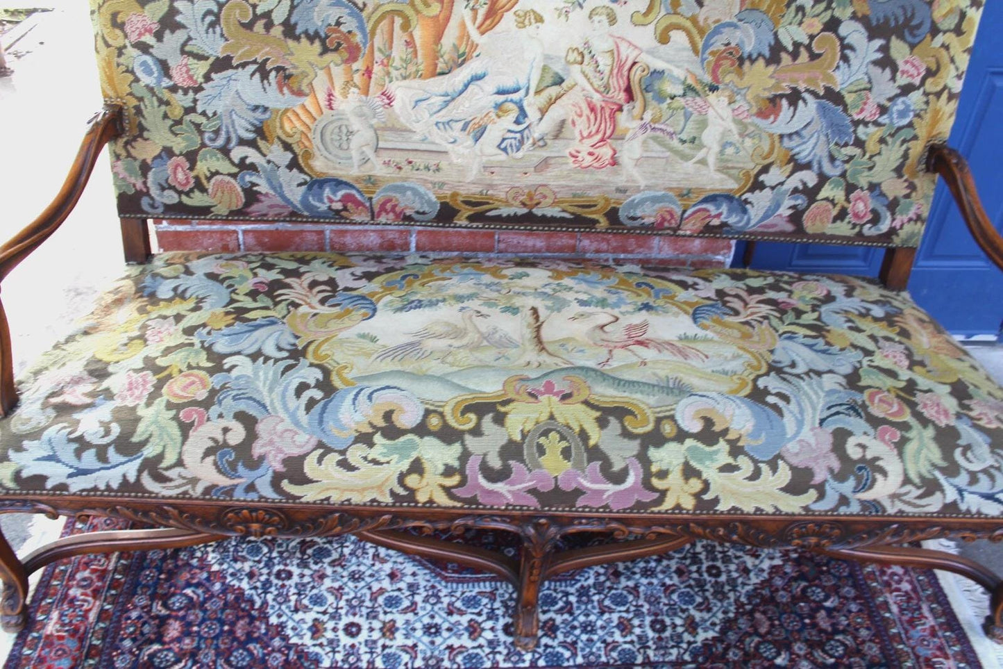 French Louis XV Antique Carved Walnut Sofa | Tapestry Needlepoint Upholstery