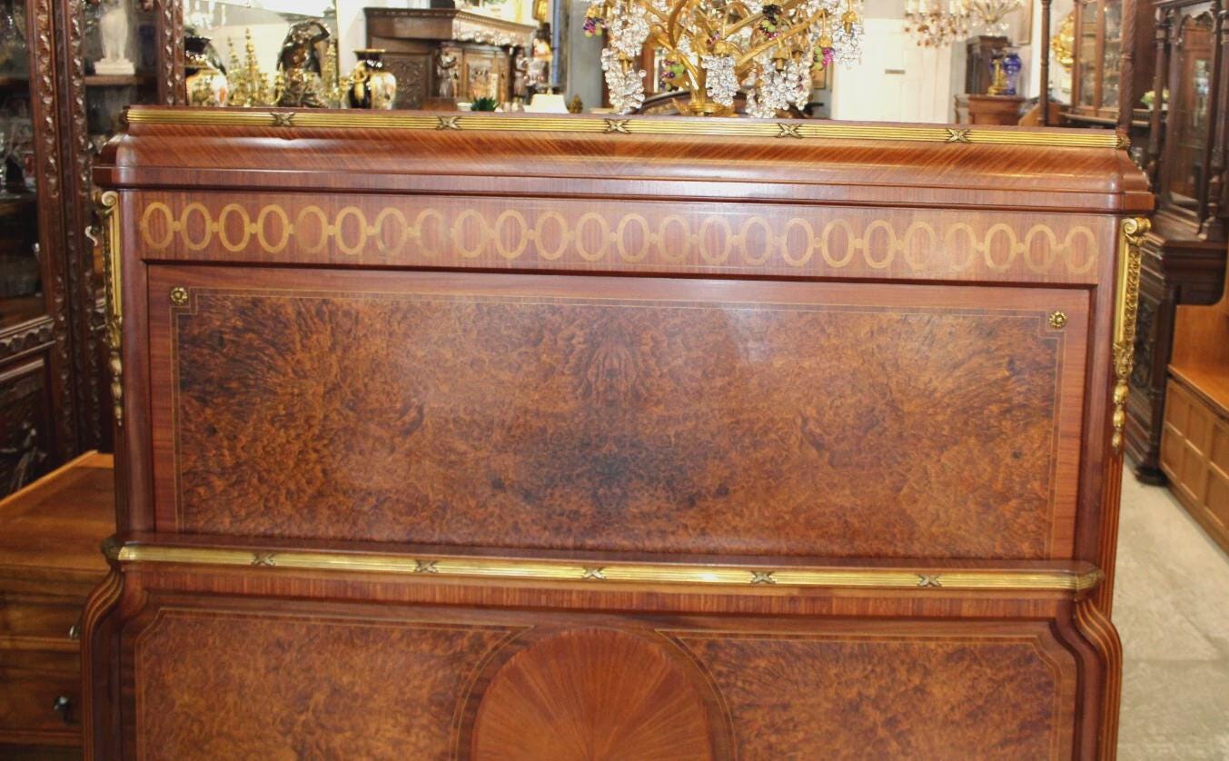 French Antique Louis XVI Inlaid Queen Rosewood Bed | Signed Haentges Ferres