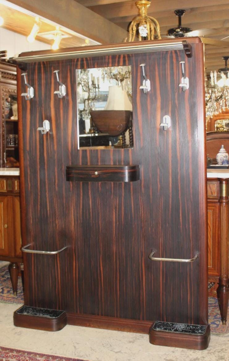 French Antique Ebony Macassar Art Deco Hall Tree | Coat Rack with Mirror Hooks