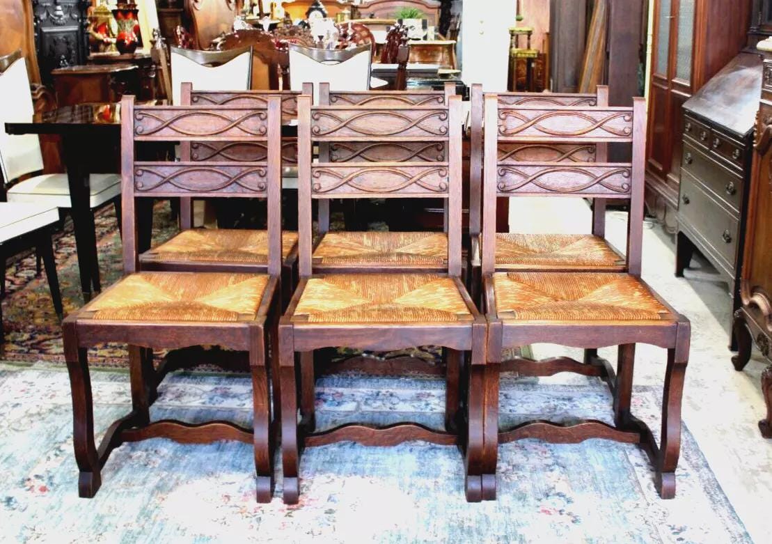 Set of 6 French Antique Renaissance Oak Wood Rush Seat Dining Chairs Sturdy
