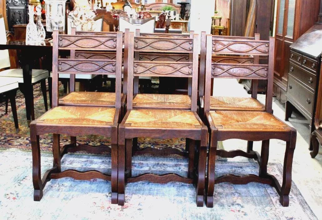 Set of 6 French Antique Renaissance Oak Wood Rush Seat Dining Chairs Sturdy