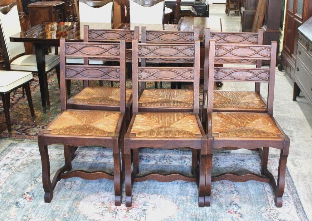 Set of 6 French Antique Renaissance Oak Wood Rush Seat Dining Chairs Sturdy
