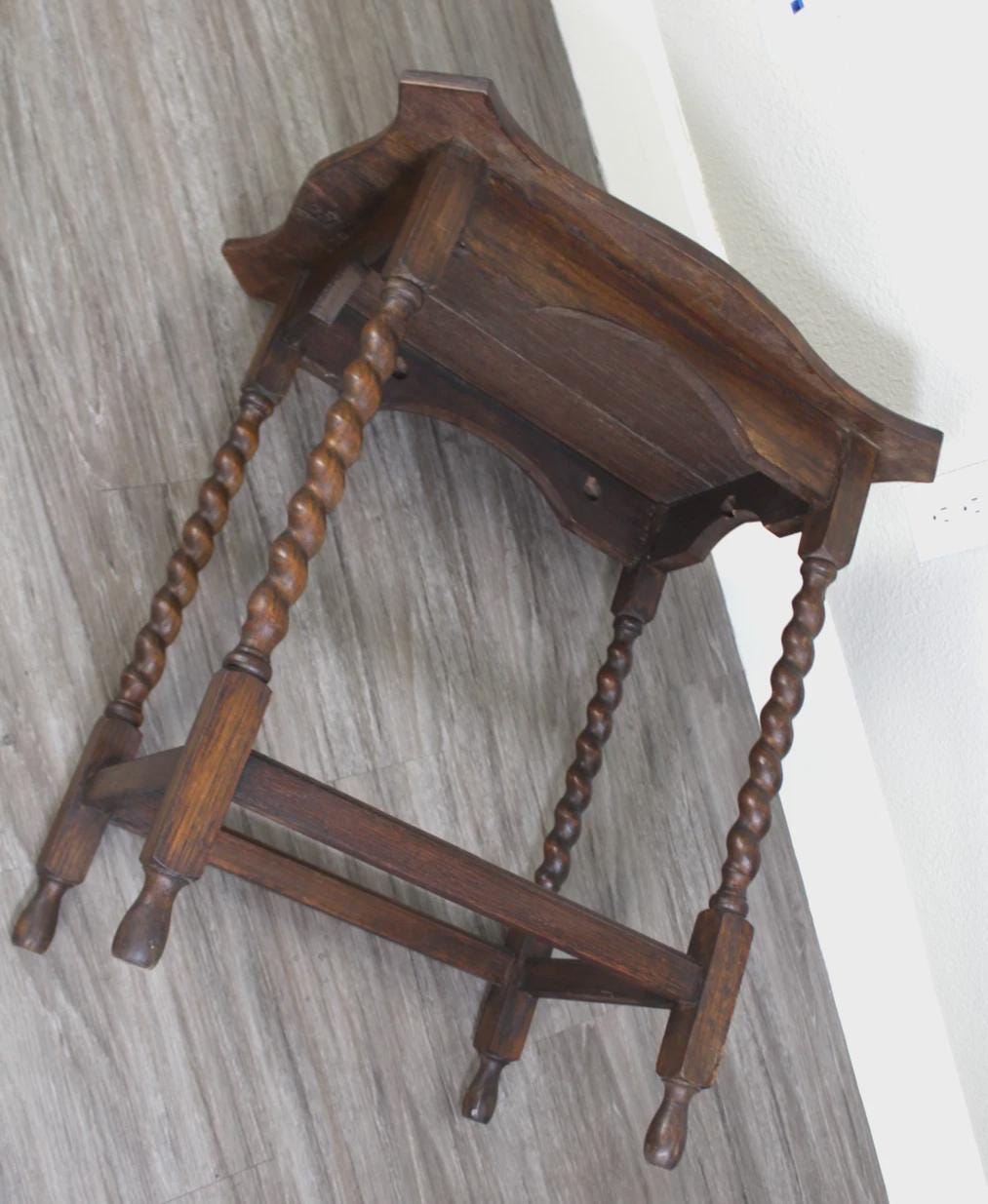 English Antique Jacobean Oak Side Table w/ Barley Twist Legs | Vintage Accent Table