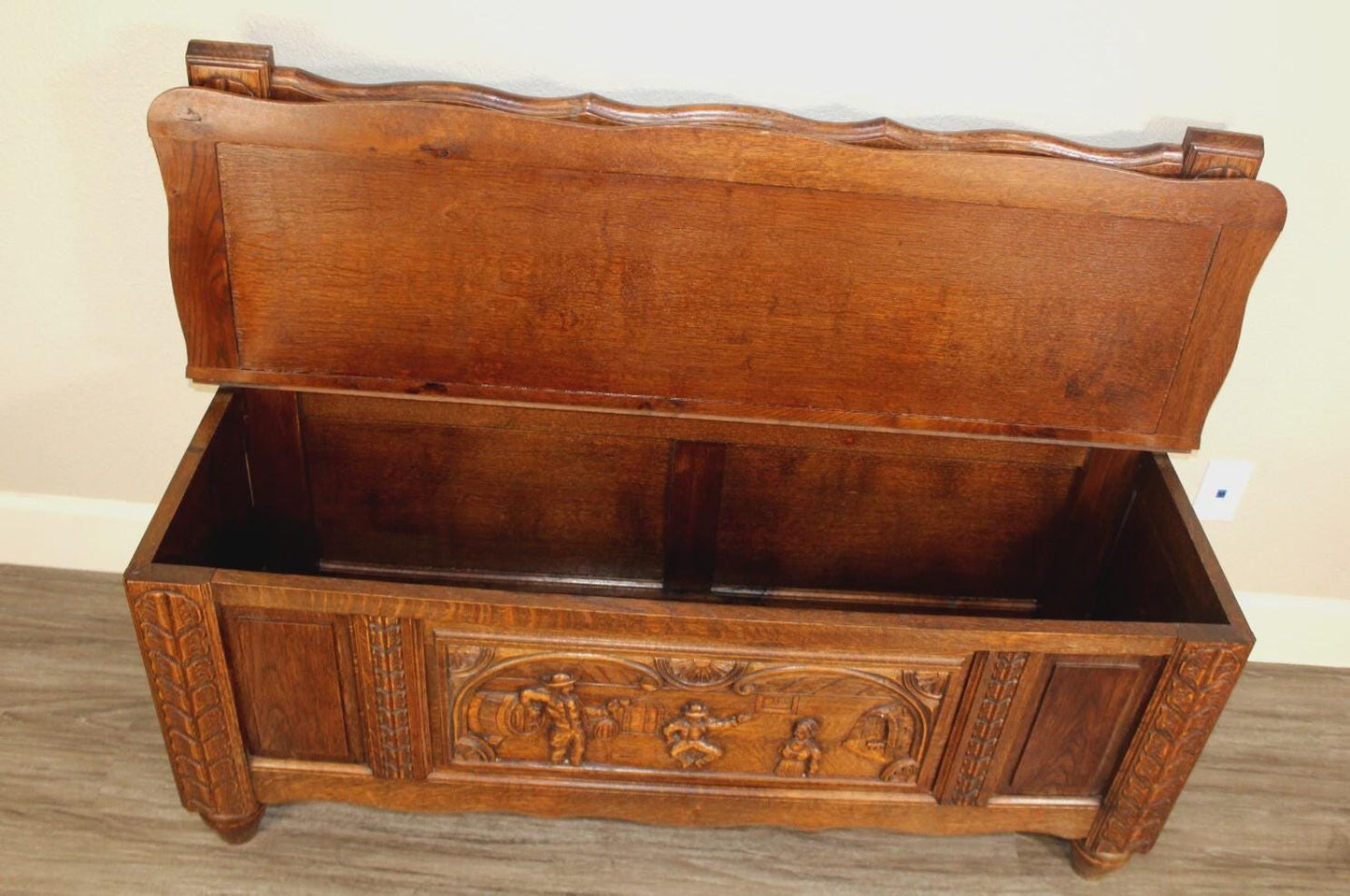 French Antique Brittany Carved Oak Bench w/ Storage | Hall Seat Trunk Chest