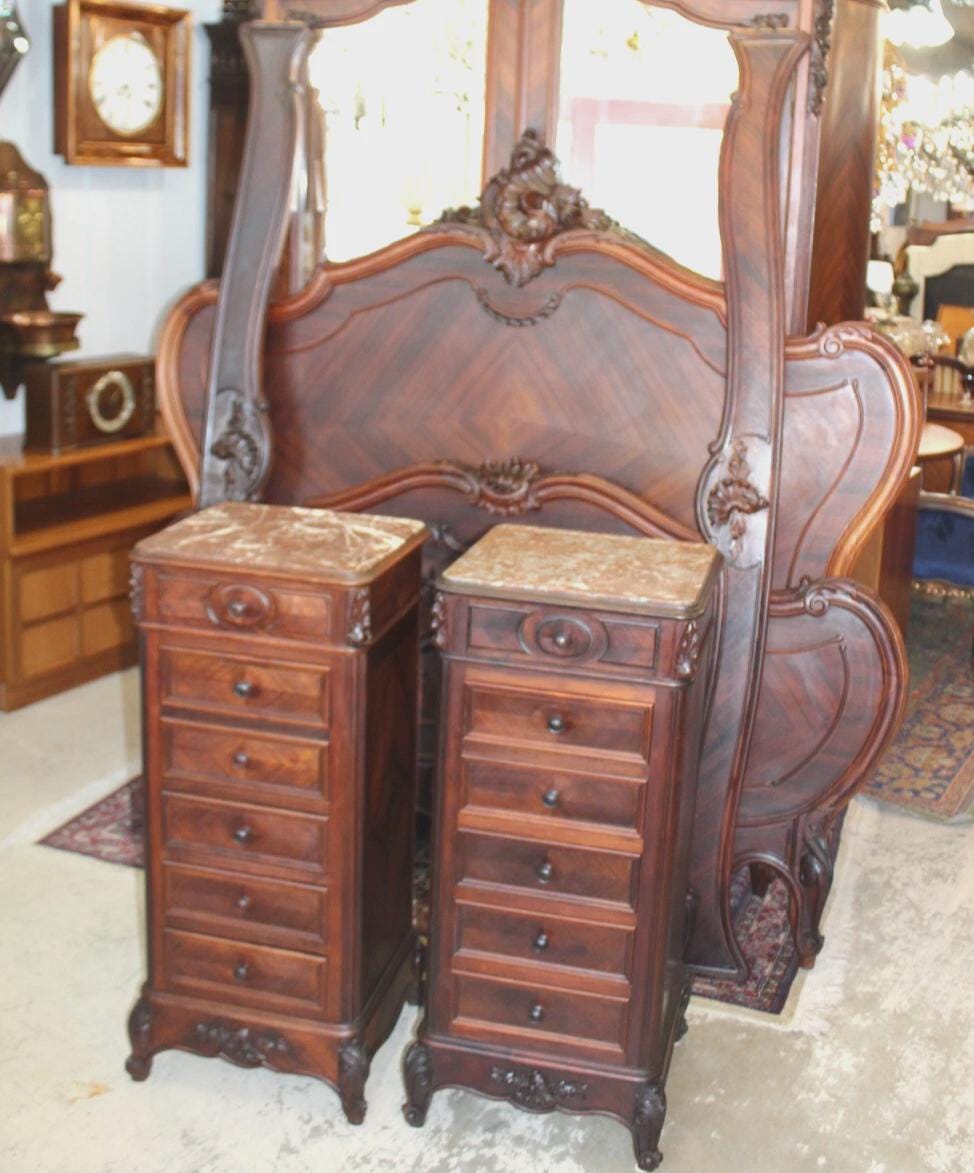 French Antique Louis XV Rosewood Queen Bed & 2 Nightstands Bedroom Set