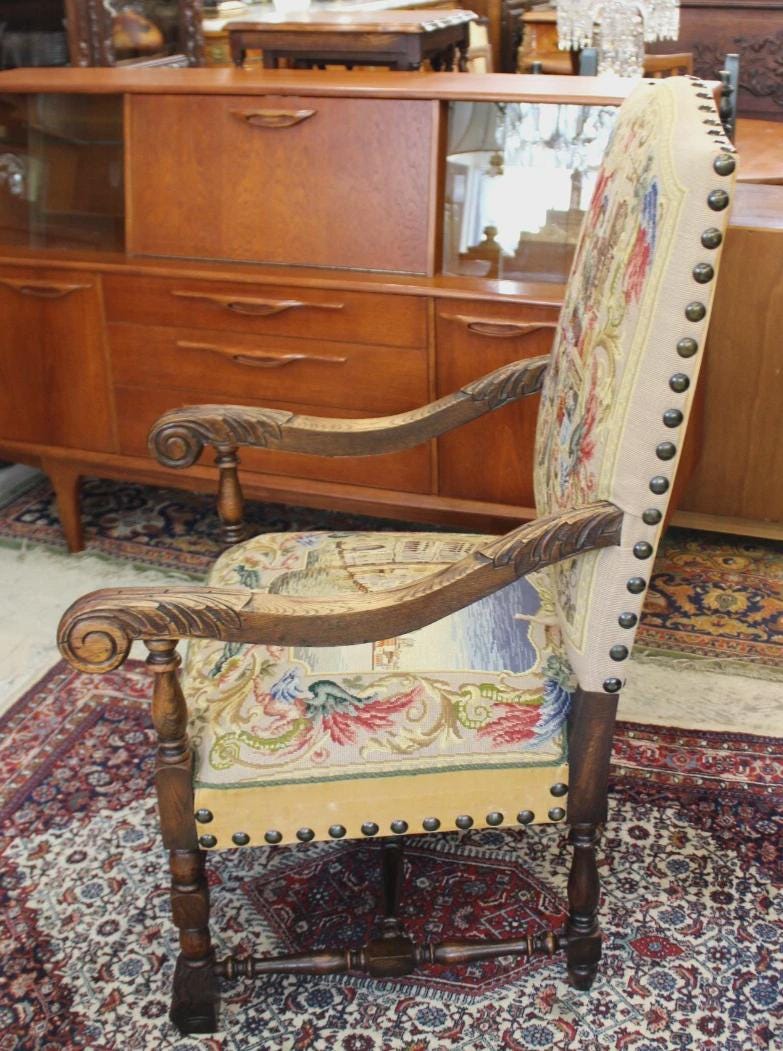 French Antique Oak Renaissance Needlepoint Armchair | Dated 1957