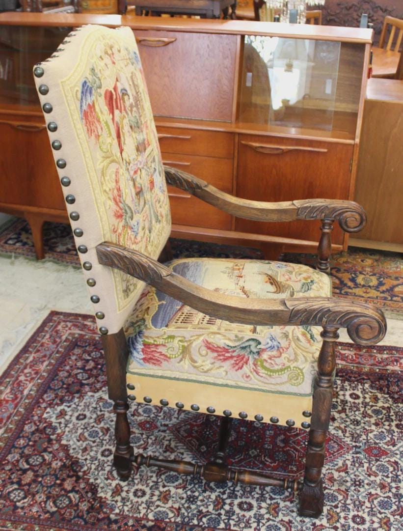 French Antique Oak Renaissance Needlepoint Armchair | Dated 1957