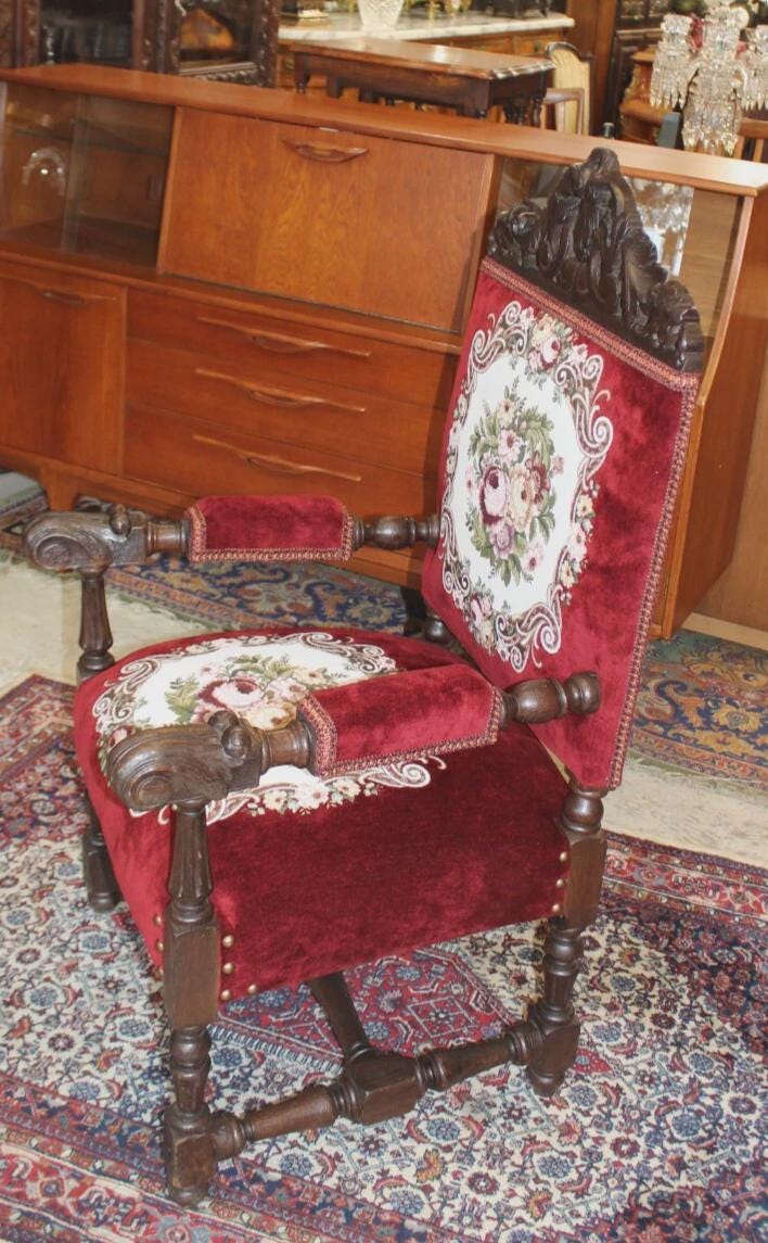 French Antique Oak Renaissance Armchair | New Red Upholstery