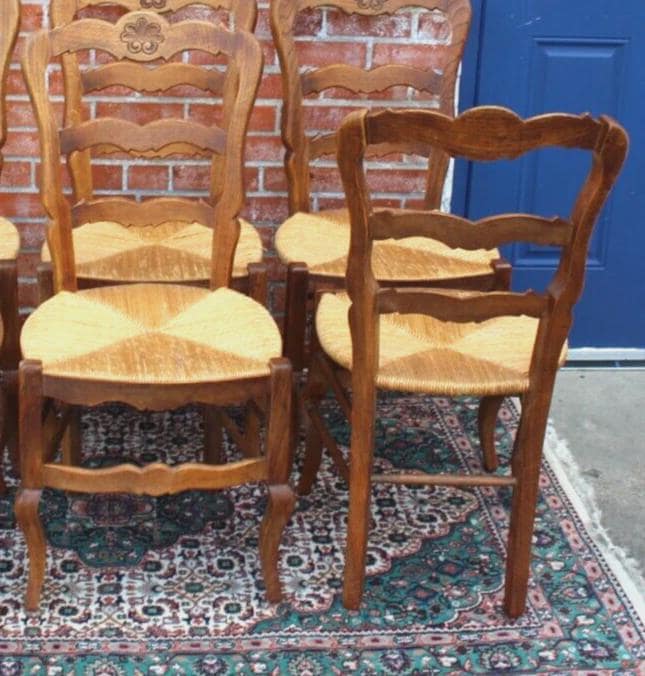 Set of 2 French Louis XV Antique Oak Dining Chairs with Rush Seats