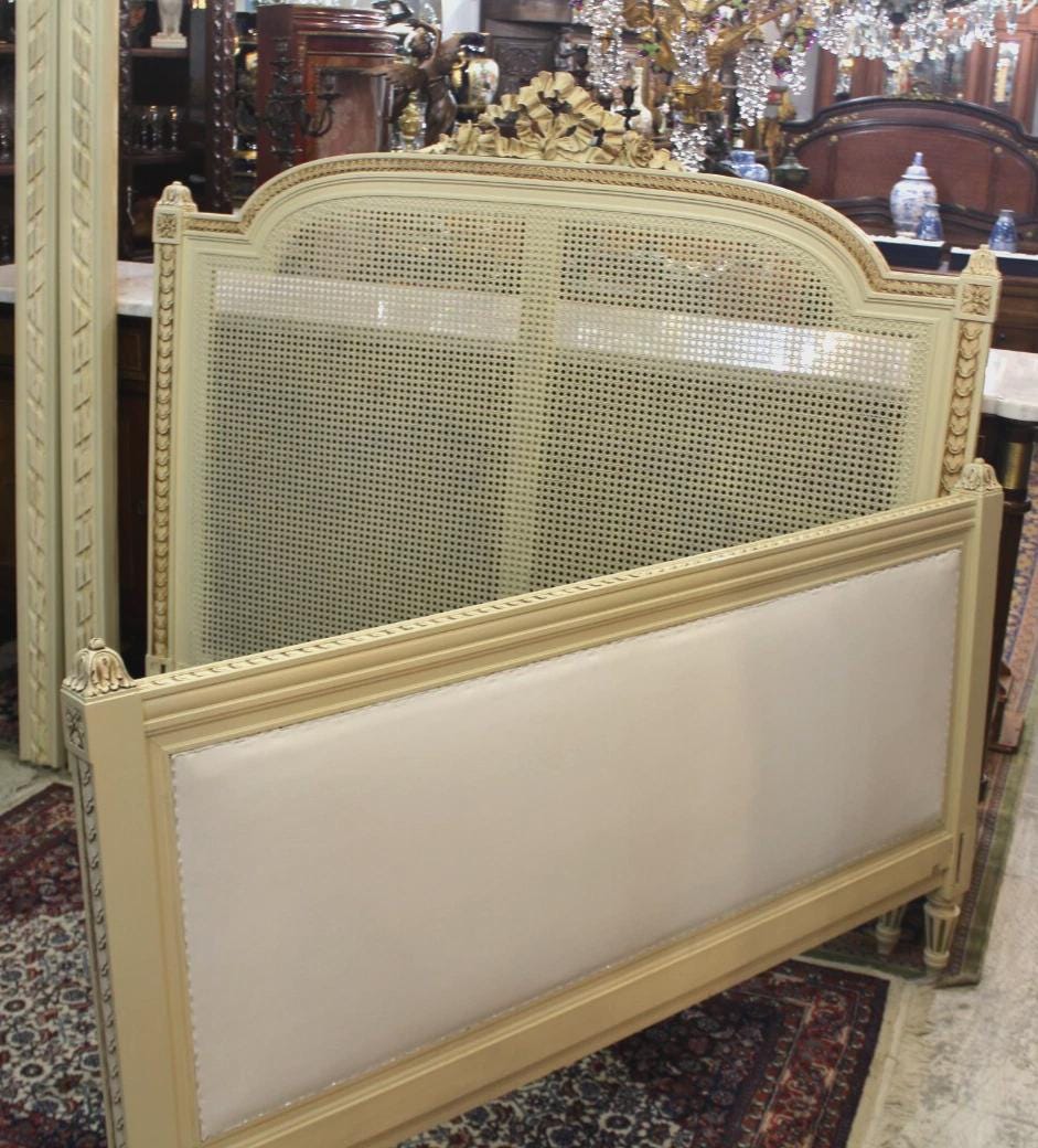 French Antique Painted White Louis XVI Cane Queen Bed