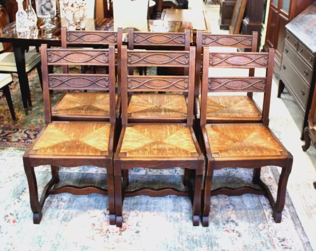 Set of 6 French Antique Renaissance Oak Wood Rush Seat Dining Chairs Sturdy