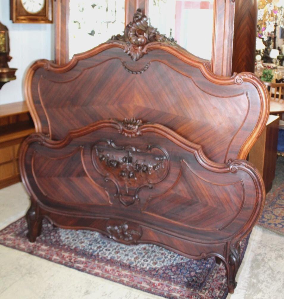French Antique Louis XV Rosewood Queen Bed & 2 Nightstands Bedroom Set