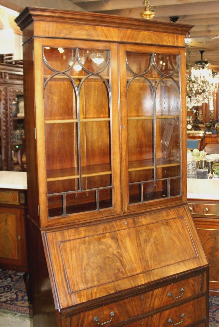 English Antique Chippendale Ball & Claw Mahogany Secretary Desk w/ Glass Doors