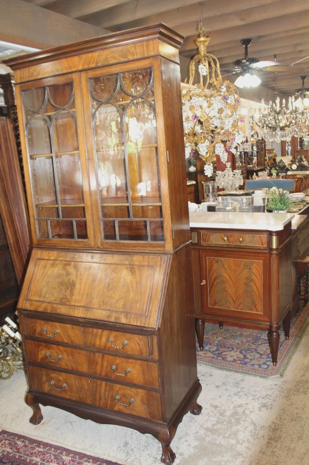 English Antique Chippendale Ball & Claw Mahogany Secretary Desk w/ Glass Doors