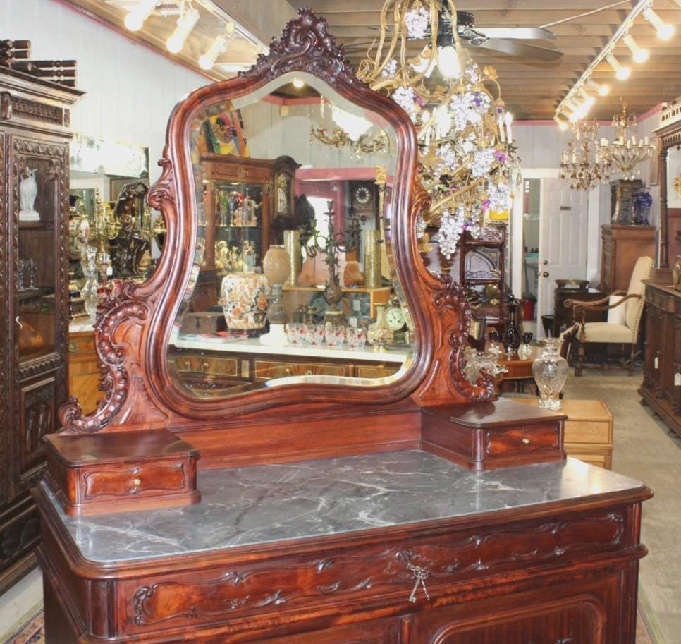 French Louis XV Mahogany Marble Top Dresser / Chest Of Drawer Cabinet