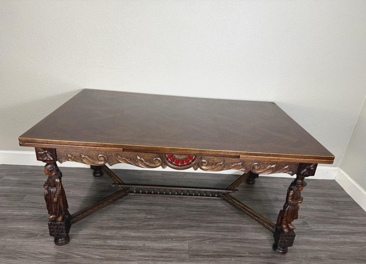 French Antique Brittany Oak Draw Leaf Dining Table | Carved Expandable Table