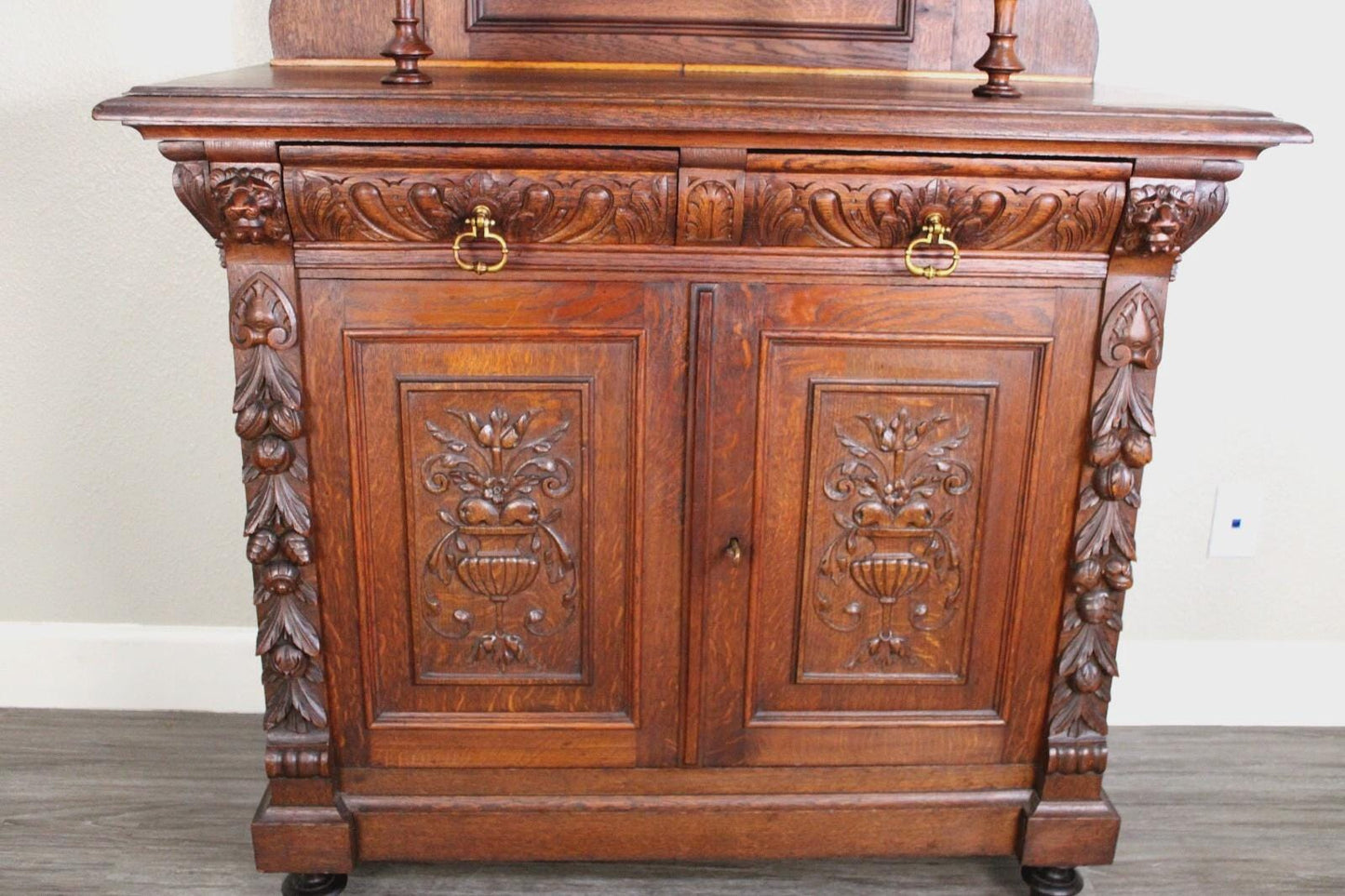 French Antique Oak Renaissance Stained Glass Buffet Cabinet Circa 1880